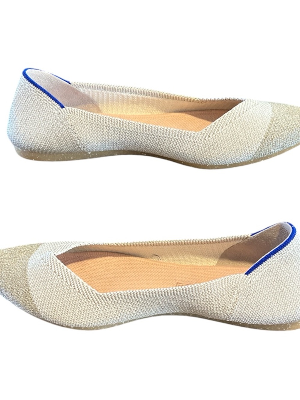 Rothy's Cream Pointed Knit Ballet Flats with Blue Heel Trim